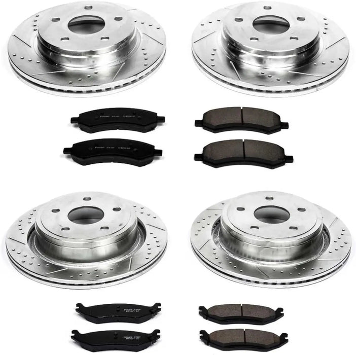 Front and Rear Brake Kit for Chrysler Aspen 2007-09 |Dodge Durango 2007-09 |Ram 1500 2006-10 |Ram 1500 2011-18 - Drilled and Slotted Disc Rotors with Ceramic Brake Pads Replacement, K2164