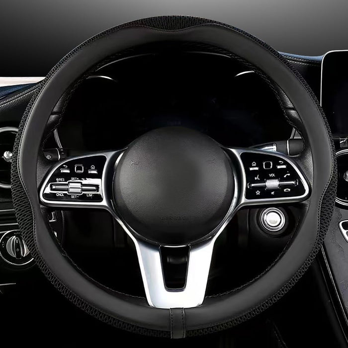 Car Steering Wheel Cover, Universal 15 Inch, the Latest Microfiber Leather Breathable Technology Fabric, Non-Slip, Comfortable, Warm in Winter and Cool in Summer, Black