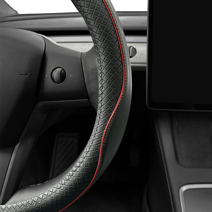 Nappa Leather Ultra-Thin Steering Wheel Cover, for Tesla Model 3/Y Steering Wheel Cover, Non-Slip Design and Interior Modification of Car Accessories （Black and Red）