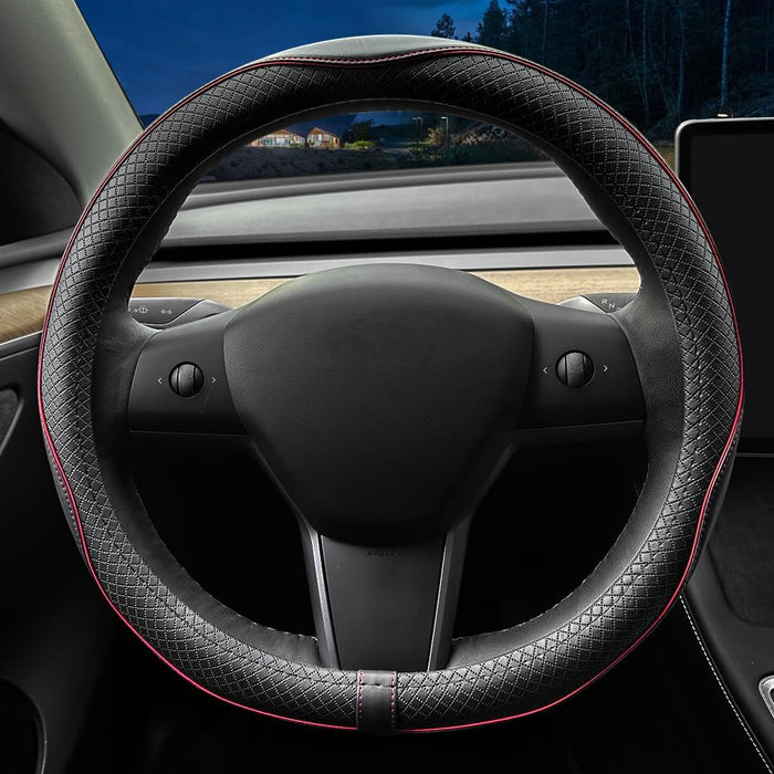 Nappa Leather Ultra-Thin Steering Wheel Cover, for Tesla Model 3/Y Steering Wheel Cover, Non-Slip Design and Interior Modification of Car Accessories （Black and Red）