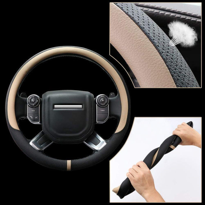 Breathable Car Steering Wheel Cover 16 Inch Auto Universal Leather Wrap Non-Slip Steeringwheel Protector Automotive Interior Accessories, Beige (Suit for 15.5-16 Inch)