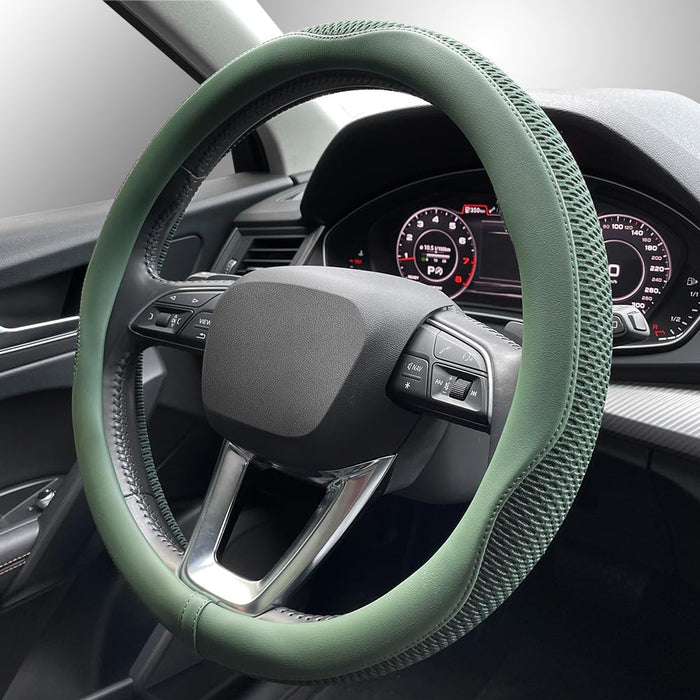 Car Steering Wheel Cover, Universal 15 Inch, the Latest Microfiber Leather Breathable Technology Fabric, Non-Slip, Comfortable, Warm in Winter and Cool in Summer, Green