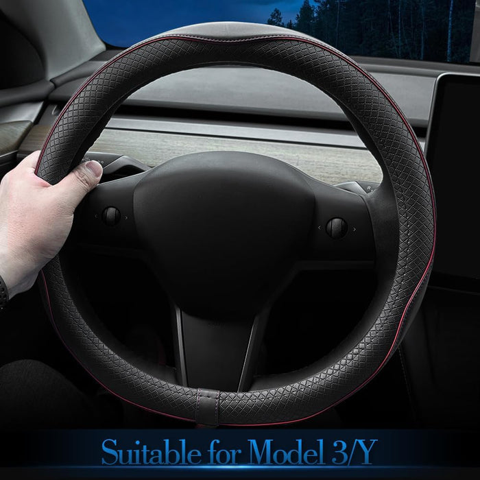 Nappa Leather Ultra-Thin Steering Wheel Cover, for Tesla Model 3/Y Steering Wheel Cover, Non-Slip Design and Interior Modification of Car Accessories （Black and Red）