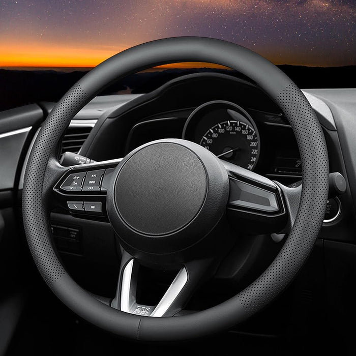 Leather Car Steering Wheel Cover, Ultra-Thin, Comfortable, Non-Slip, Breathable, Universal 15 Inches (Black)