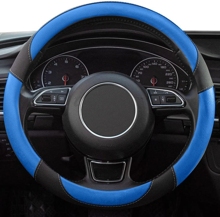 Black and Blue Microfiber Leather Steering Wheel Cover，Universal 15 Inch Steering Wheel Covers for Car Truck Suv，Breathable, anti Slip & Odor Free(Black+Blue)…