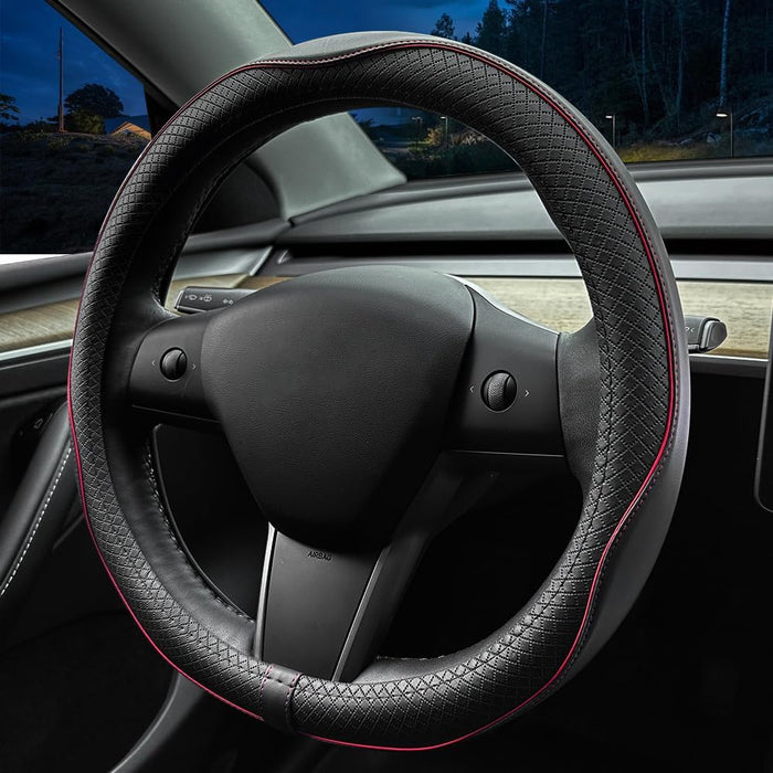 Nappa Leather Ultra-Thin Steering Wheel Cover, for Tesla Model 3/Y Steering Wheel Cover, Non-Slip Design and Interior Modification of Car Accessories （Black and Red）