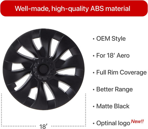Fits Tesla Model 3 Wheel Cover Hubcap 18 Inch Matte Black Support Logo Symmetry Design (4 PCS) Uberturbine Style for 2017-2023 Model 3 Aero Wheel Cover Replacement