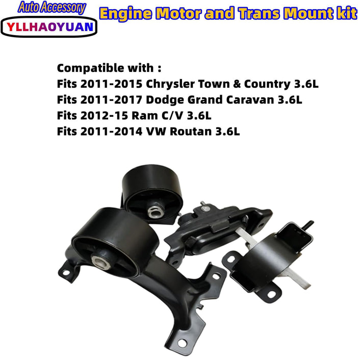 Engine Motor Mount 4Pcs for 2011-2017 Do-Dge Grand Caravan 3.6L 2012-15 Ram C/V 3.6L 2011-2015 Chrysler Town & Country 3.6L 2011-2014 VW Routan 3.6L Replacement for A5577 A5665 A5480 A5589