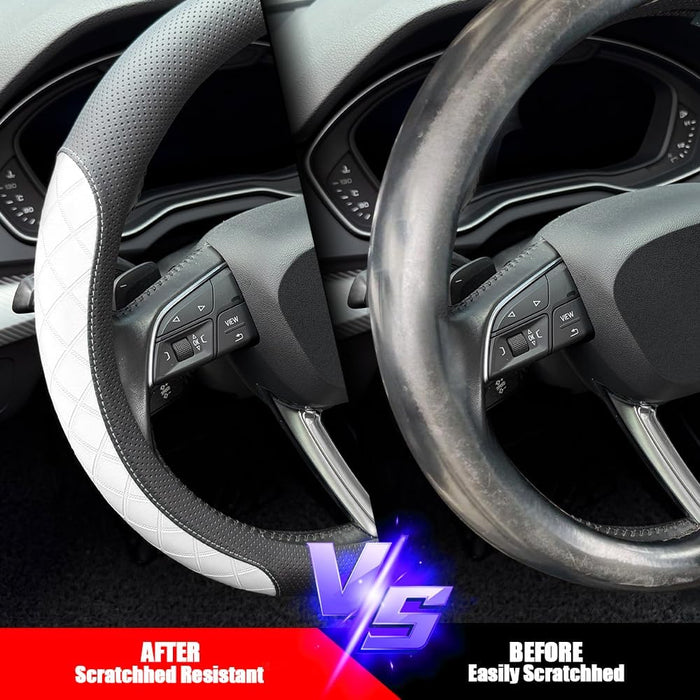 Nappa Leather Steering Wheel Cover, Elegant Diamond Checkered Design, Non-Slip Wear-Resistant, Enhance Driving Comfort, Suitable for Steering Wheel Diameter 14 1/2‘-15’ Models.Black White
