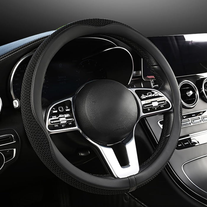 Car Steering Wheel Cover, Universal 15 Inch, the Latest Microfiber Leather Breathable Technology Fabric, Non-Slip, Comfortable, Warm in Winter and Cool in Summer, Black