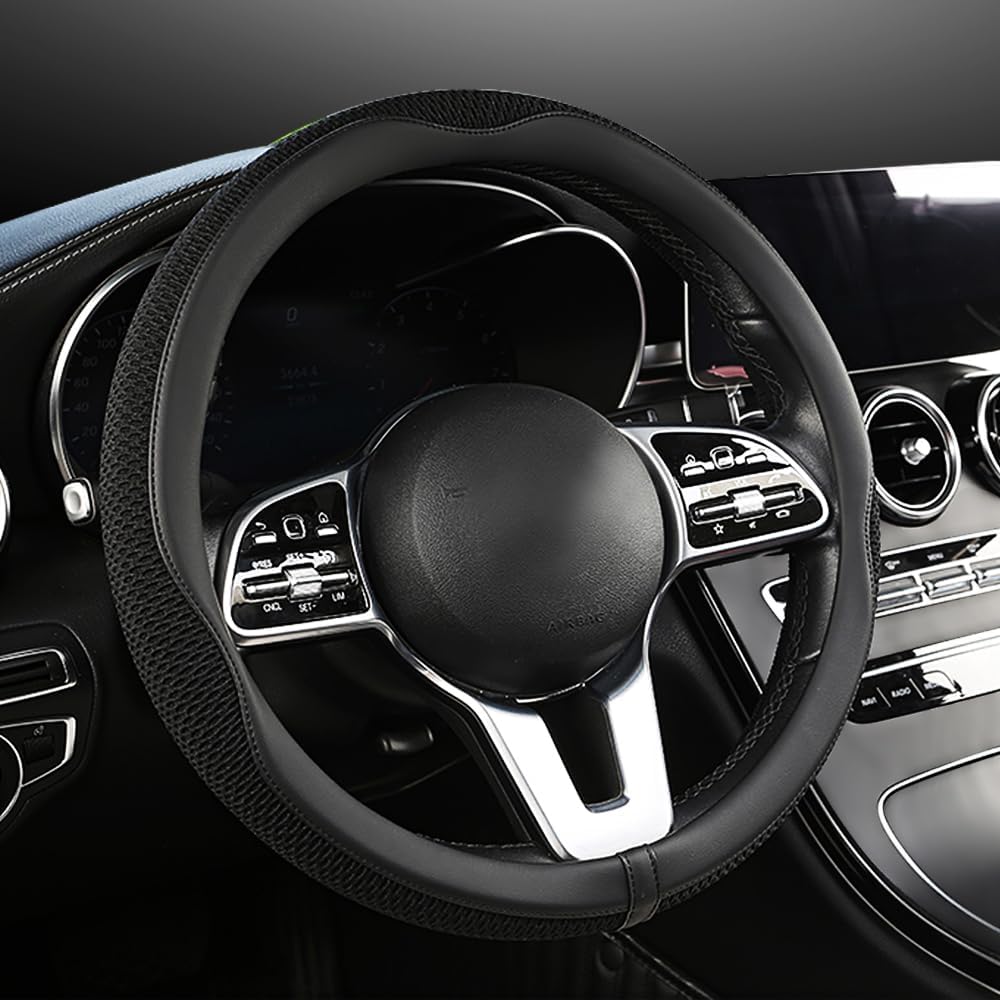 Car Steering Wheel Cover, Universal 15 Inch, the Latest Microfiber Leather Breathable Technology Fabric, Non-Slip, Comfortable, Warm in Winter and Cool in Summer, Black