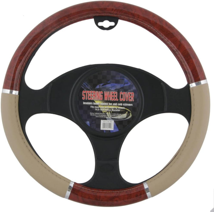 Dark Wood Grain Car Steering Wheel Cover, Standard 15 Inch with Beige Faux Leather Grip, Made to Fit Most Auto Truck Van SUV