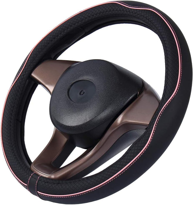 Universal Standard Size Steering Wheel Cover Anti-Slip,Safety,Soft,Breathable,Durable,Full Surround,Comfortable Grip Microfiber Leather (14.5-15 Inch,Black Pink)