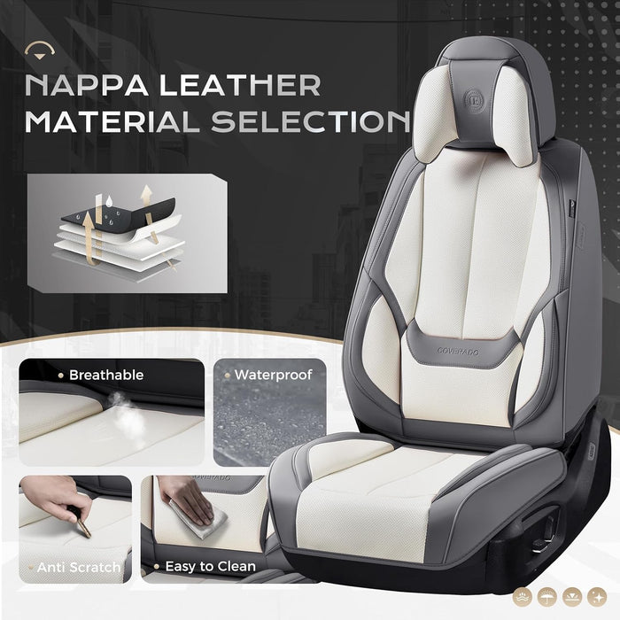 **Universal Waterproof Nappa Leather Car Seat Covers Full Set for 5 Seats – Luxury Seat Protectors with Head Pillows, Airbag Compatible, Universal Fit for Cars, SUVs & Trucks, Gray & White*