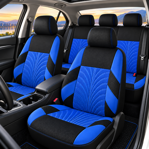 Car Seat Covers for 5 Seats Universal, Fabric Breathable Car Front & Rear Seat Protectors, with Tire Track Details.