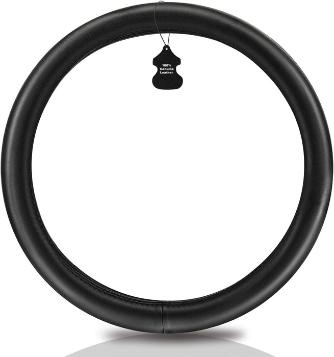 Heavy Duty Pure Cowhide Steering Wheel Cover, Black Genuine Leather Steering Wheel Cover Men Women Universal 14.5 to 15 Inch