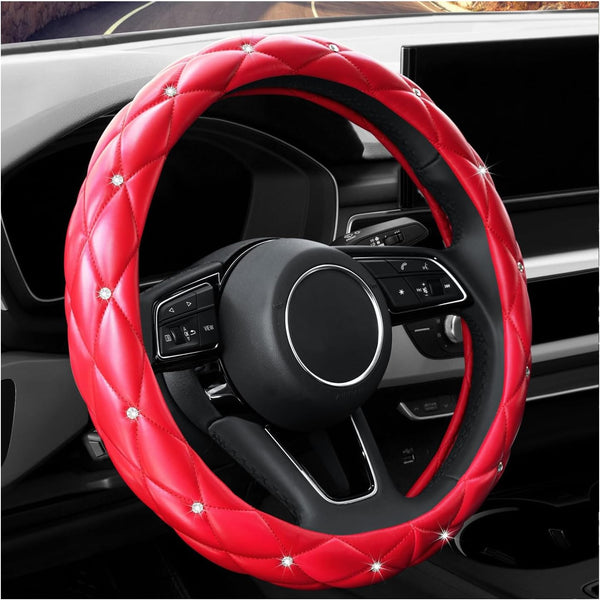 Leather Car Steering Wheel Cover, Studded Bling Diamond Steering Wheel Protector, Universal 14.5-15