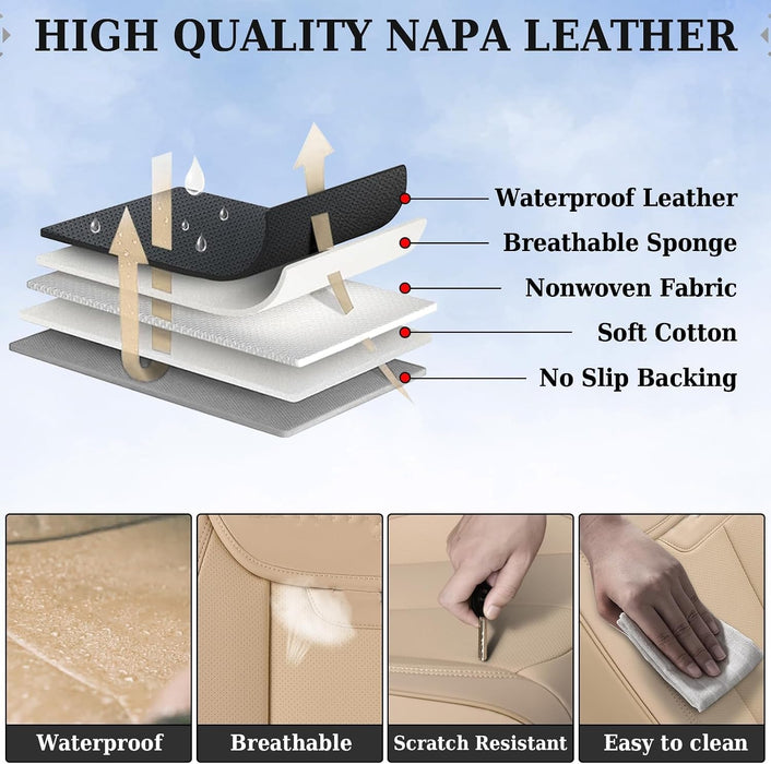 Universal Leather Car Seat Covers Full Set for Cars, SUVs & Trucks – Waterproof Front & Rear Seat Covers, Airbag Compatible, Beige, Fits Most Vehicles