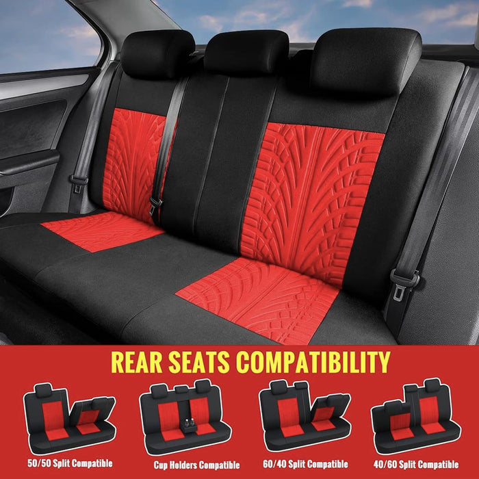 Car Seat Covers Universal Fit Full Set Car Seat Protectors Tire Tracks Car Seat Accessories - 9PCS, Red
