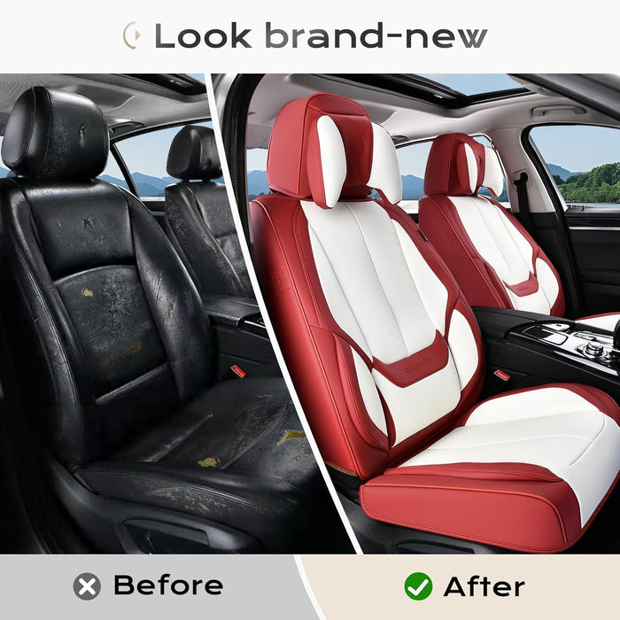 Transform Your Ride with Our Stylish 5-Piece Waterproof Nappa Leather Car Seat Cover Set - Universal Fit in Red & White with Head Pillow