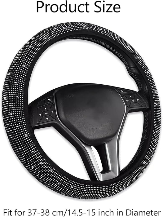 Diamond Leather Bling Steering Wheel Cover, Universal Car Steering Wheel Protector with Crystal Rhinestones Anti-Slip Soft Interior Accessories for Women and Girl Fit 15 Inch -Black
