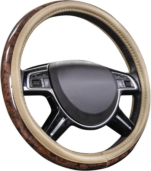 Wood Grain Microfiber Leather Steering Wheel Cover, Universal Fit for 14 1/2-15 Inch Beige Steering Wheel, Anti-Slip Veins Design, Cars,Suvs,Minivans, Sedans (Beige)