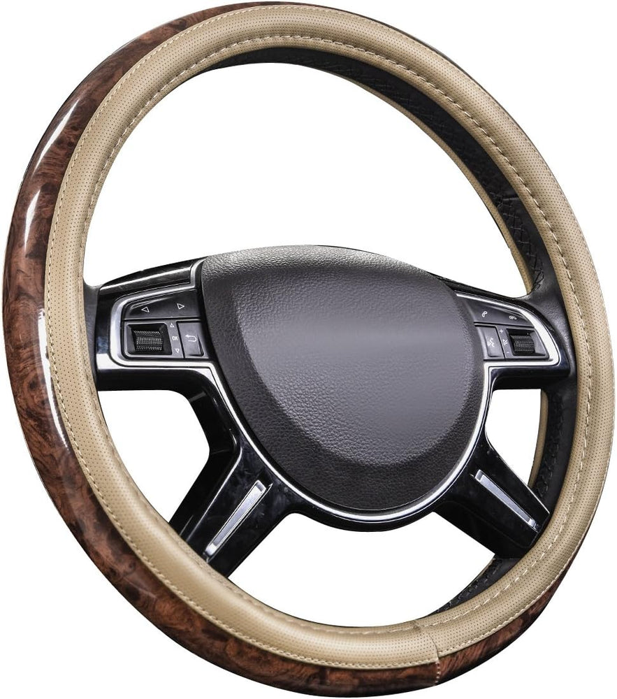 Wood Grain Microfiber Leather Steering Wheel Cover, Universal Fit for 14 1/2-15 Inch Beige Steering Wheel, Anti-Slip Veins Design, Cars,Suvs,Minivans, Sedans (Beige)