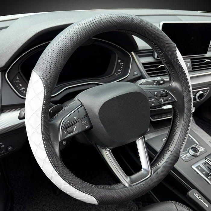 Nappa Leather Steering Wheel Cover, Elegant Diamond Checkered Design, Non-Slip Wear-Resistant, Enhance Driving Comfort, Suitable for Steering Wheel Diameter 14 1/2‘-15’ Models.Black White