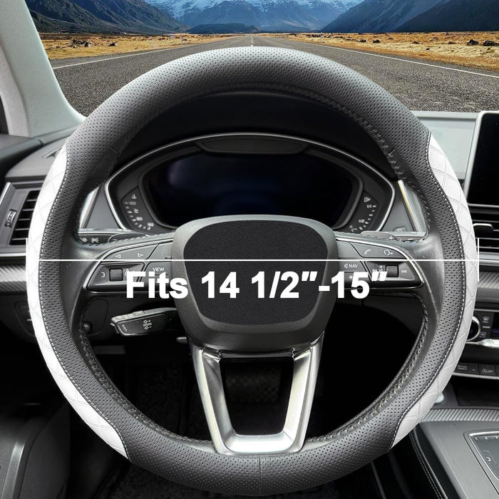 Nappa Leather Steering Wheel Cover, Elegant Diamond Checkered Design, Non-Slip Wear-Resistant, Enhance Driving Comfort, Suitable for Steering Wheel Diameter 14 1/2‘-15’ Models.Black White