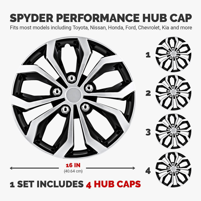 Automotive WH553-16S-BS 16 Inch Spyder Black & Silver Universal Hubcap Wheel Covers for Cars - Set of 4 - Fits Most Cars