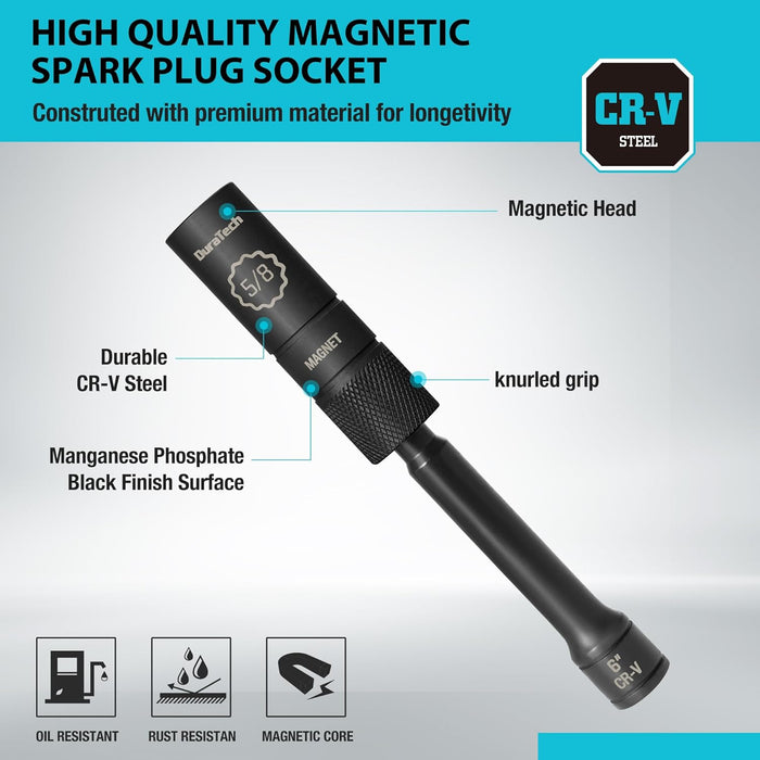 5/8" Swivel Magnetic Spark Plug Socket, 1MM Thin Wall Spark Plugs Socket with 12-Point, Enhanced Magnetic Head & Manganese Phosphate Coating, 3/8" Drive X 6" Total Length, Cr-V Steel Made