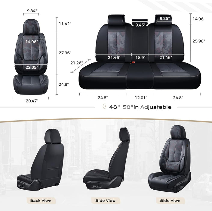 Leather Car Seat Covers Full Set – Waterproof Universal Seat Covers for Cars, SUVs & Trucks, Front & Rear Auto Seat Protector, Airbag Compatible, Black Camo
