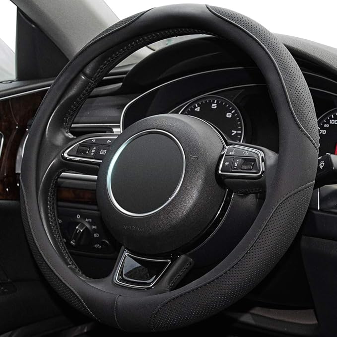 Car Steering Wheel Cover,14.5-15 Inch Black Universal Microfiber Leather Covers Breathable Anti-Slip Odorless Steering Wheels Accessories for Men Women