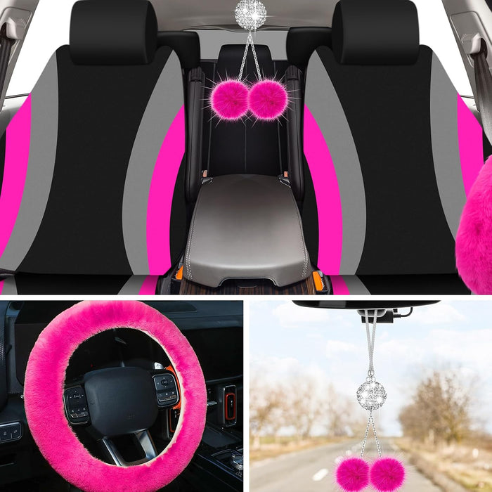 43 Pcs Car Seat Cover Full Set for Women Christmas Fuzzy Car Accessories Fluffy Steering Wheel Cover Front Rear & Belt Handbrake Shift Accessory for Winter (Rose Red)