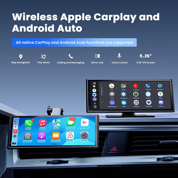 9.26" Carplay Screen for Car, Wireless Portable Car Play Screen for Apple Carplay & Android Auto, OTA Updates, Backup Camera, Bluetooth 5.0, Mirror Link, Voice Control, GPS Navigation, FM