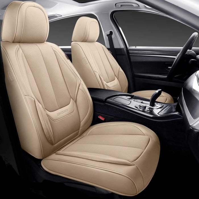 Universal Leather Car Seat Covers Full Set for Cars, SUVs & Trucks – Waterproof Front & Rear Seat Covers, Airbag Compatible, Beige, Fits Most Vehicles