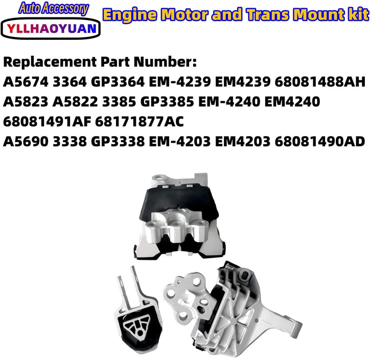 Engine Motor Mount Set 3Pcs Fits for 2013 2014 2015 2016 Do-Dge Dart 2.0L 2.4L A5674 A5690 A5822 A5823 3364 3338 3385 68081488AH 68081490AD 68171877AC