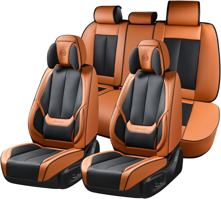Universal Waterproof Nappa Leather Car Seat Covers Full Set for 5 Seats, Airbag Compatible, Black & Brown, Fits Cars, SUVs & Trucks