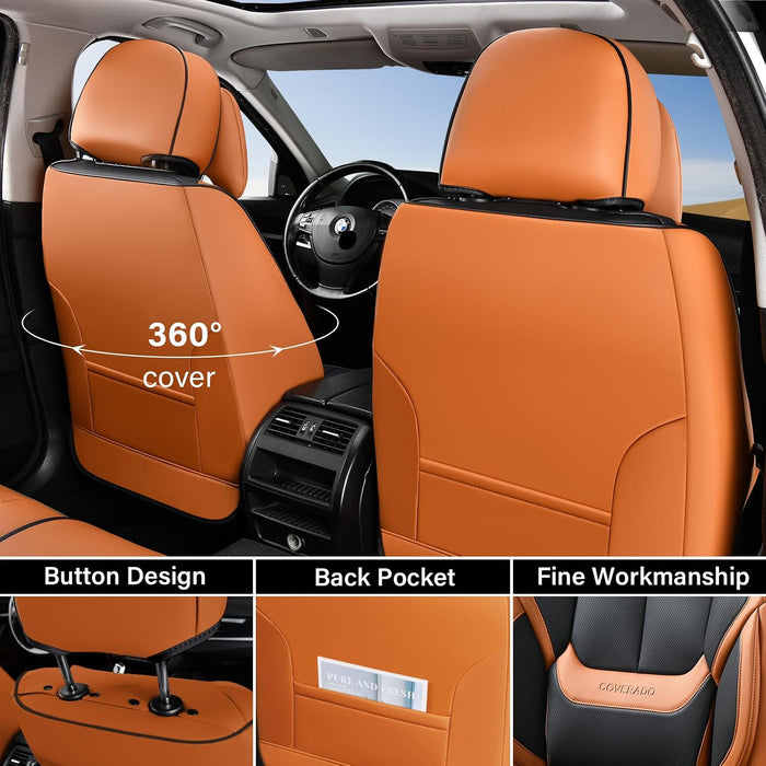 Universal Waterproof Nappa Leather Car Seat Covers Full Set for 5 Seats, Airbag Compatible, Black & Brown, Fits Cars, SUVs & Trucks