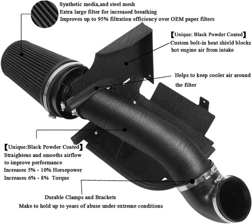 4 Inch Cold Air Intake Black Tube + Heat Shield for 1999-2006 Gmc/Chevy V8 4.8L/5.3L/6.0L Silverado 1500/2500/3500 Black