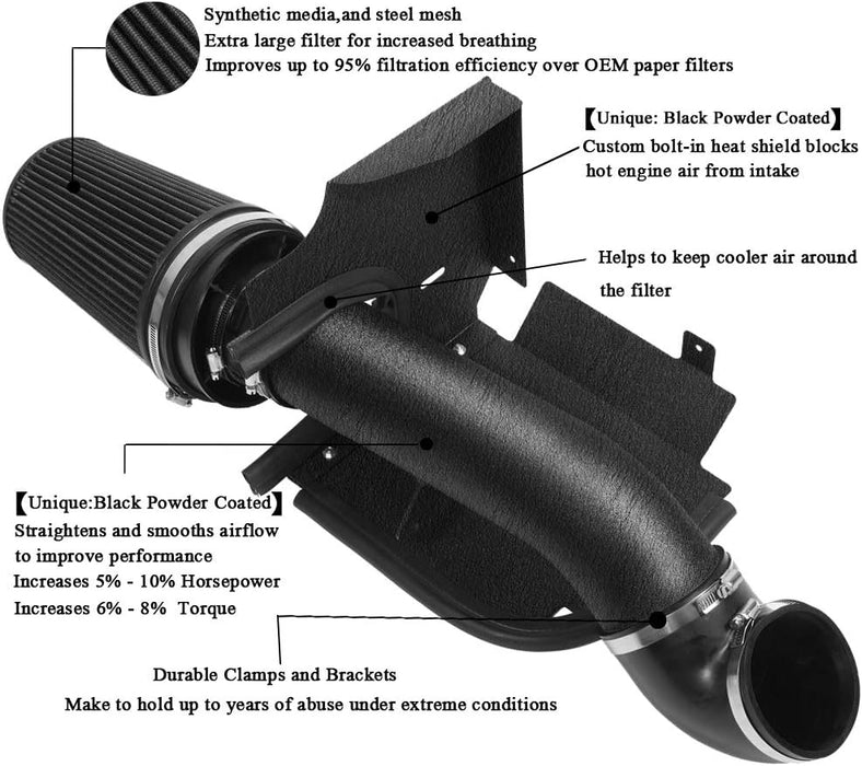 4 Inch Cold Air Intake Black Tube + Heat Shield for 1999-2006 Gmc/Chevy V8 4.8L/5.3L/6.0L Silverado 1500/2500/3500 Black