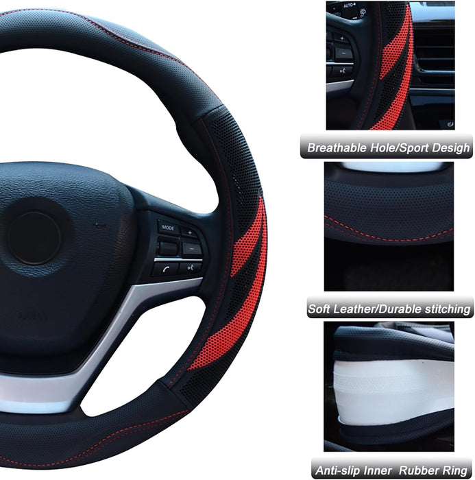 Microfiber Leather Steering Wheel Cover Breathable Auto Car Steering Wheel Cover for Women and Men Universal 15 Inches Red