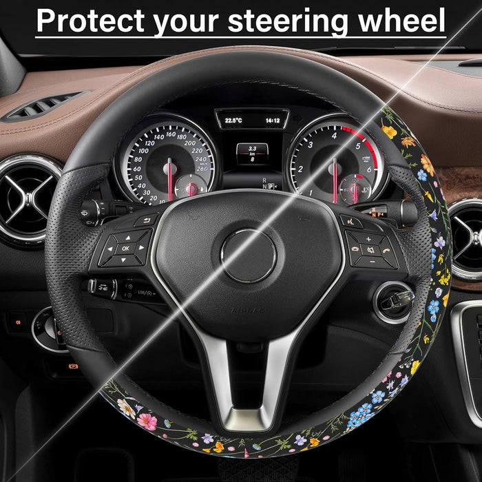 Car Steering Wheel Cover for Women Men, Non-Slip Breathable Steering Wheel, Wildflower Steering Wheel Protector, Car Accessories, Universal 14" 02/2-15" Fit Auto, Suvs