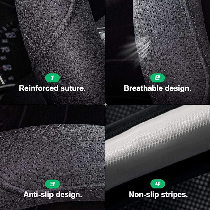 Car Steering Wheel Cover,14.5-15 Inch Black Universal Microfiber Leather Covers Breathable Anti-Slip Odorless Steering Wheels Accessories for Men Women