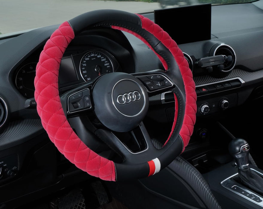 Fluffy Steering Wheel Cover Soft, Short Plush Red Steering Wheel Cover for Women with Universal 14.5-15 Inch