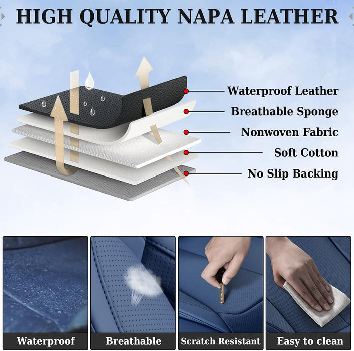 Premium Blue Leather Seat Covers Full Set for Cars - Universal Fit Front and Rear Protection with Waterproof and Stain Resistant Features