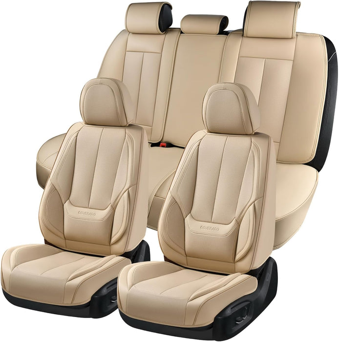 Universal Leather Car Seat Covers Full Set for Cars, SUVs & Trucks – Waterproof Front & Rear Seat Covers, Airbag Compatible, Beige, Fits Most Vehicles
