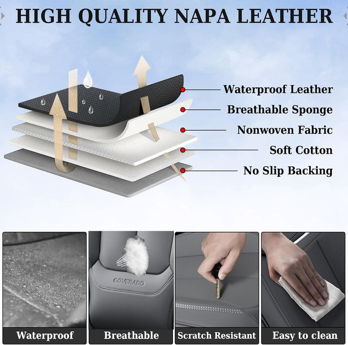 Car Seat Covers Full Set, Seat Covers for Cars, Gray Car Seat Protector Waterproof, Nappa Leather Car Seat Cushion, Car Seat Covers Front Seats and Back Fit for Most Cars