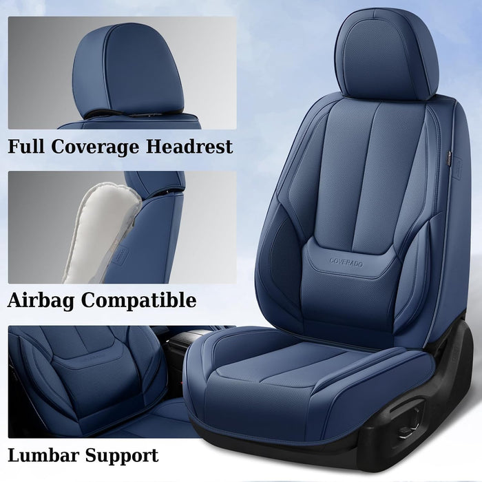Premium Blue Leather Seat Covers Full Set for Cars - Universal Fit Front and Rear Protection with Waterproof and Stain Resistant Features