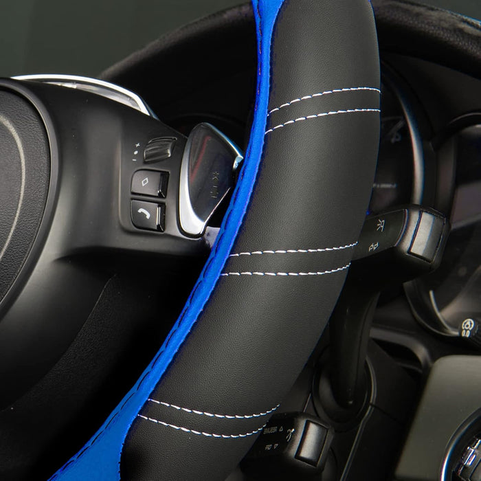 Line Rider Microfiber Leather Sporty Steering Wheel Cover Universal Fits for 95% Truck,Suv,Cars,14.5-15Inch Anti-Slip Safety Comfortable Desgin (Black-Blue)